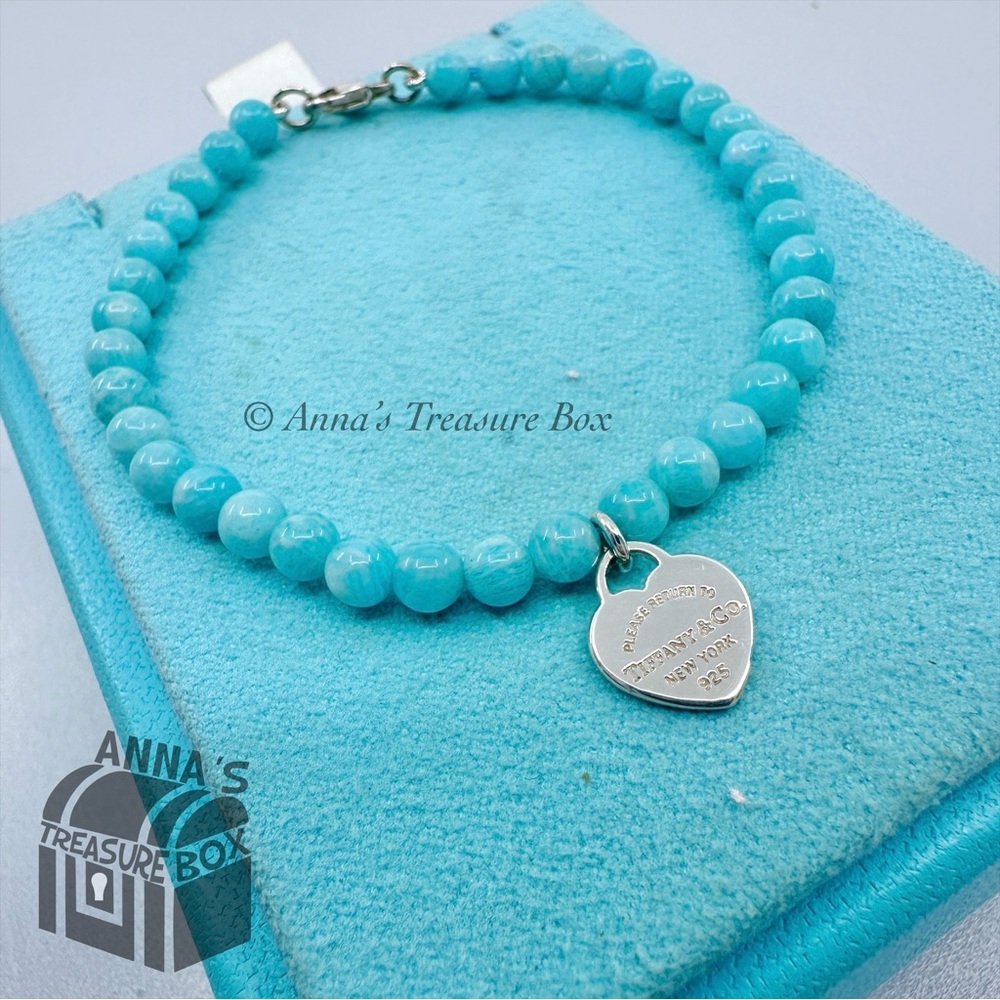 Tiffany & Co. 925 Silver Mini RTT Heart 4mm Amazonite 6.75" Bracelet (pouch)
